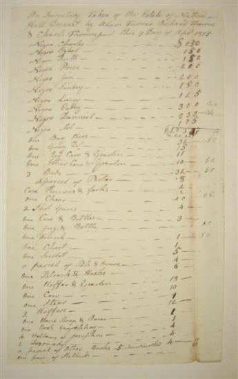 (SLAVERY AND ABOLITION.) Manuscript inventory of the estate of Nathan Hall, including ten named slaves.